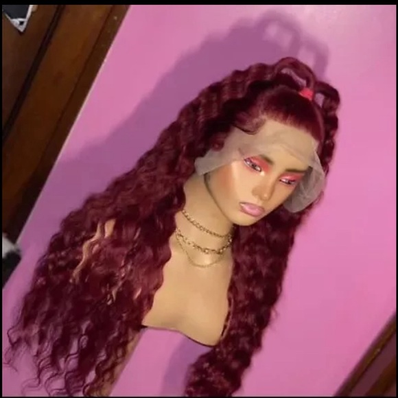 24 inch burgundy crimped frontal wig